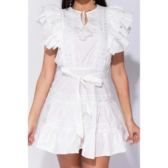 White Lace Trim Short Sleeve V-Neck Tiered Mini Dress - Picture 15 of 17